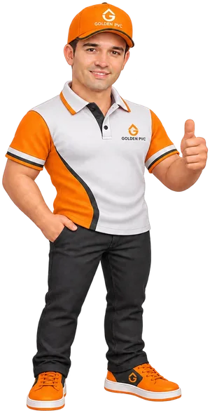 Mascote da Golden PVC fazendo sinal de positivo