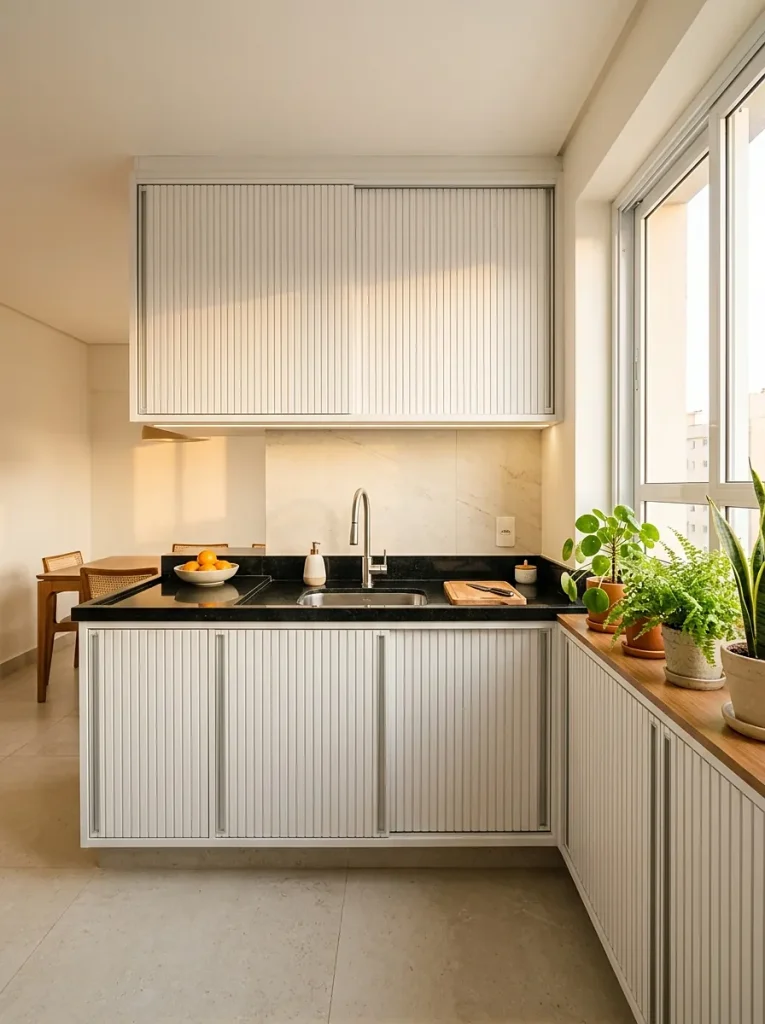 Cozinha com armário de PVC branco sob a bancada