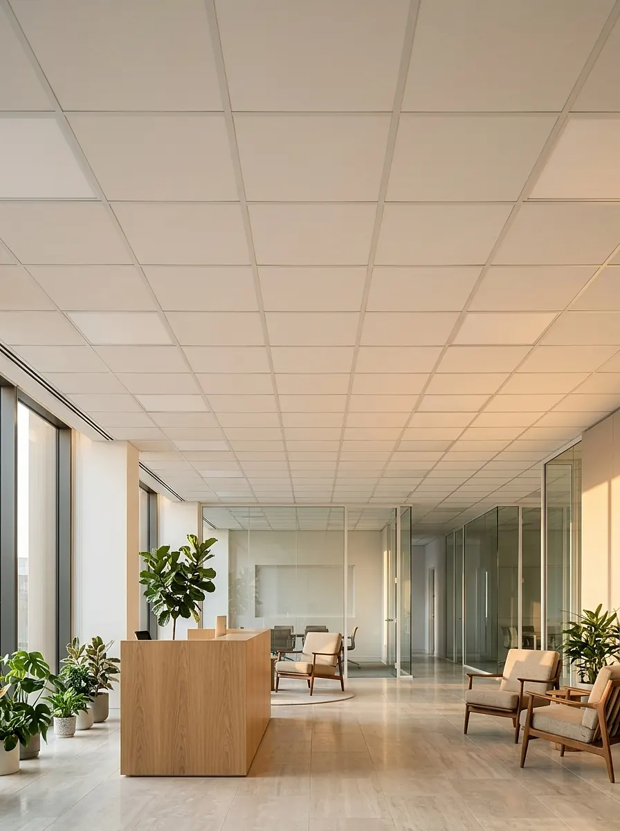 Recepção de escritório com forro modular branco e painéis de LED