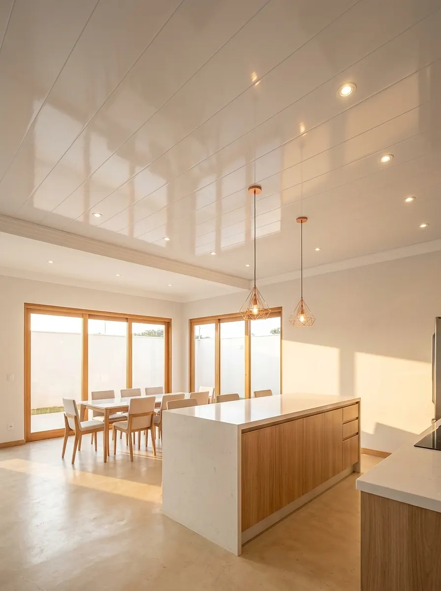 Cozinha com forro de PVC branco brilhante e luzes embutidas