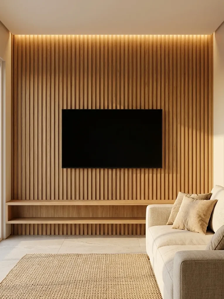 Sala com painel ripado amadeirado na parede da TV
